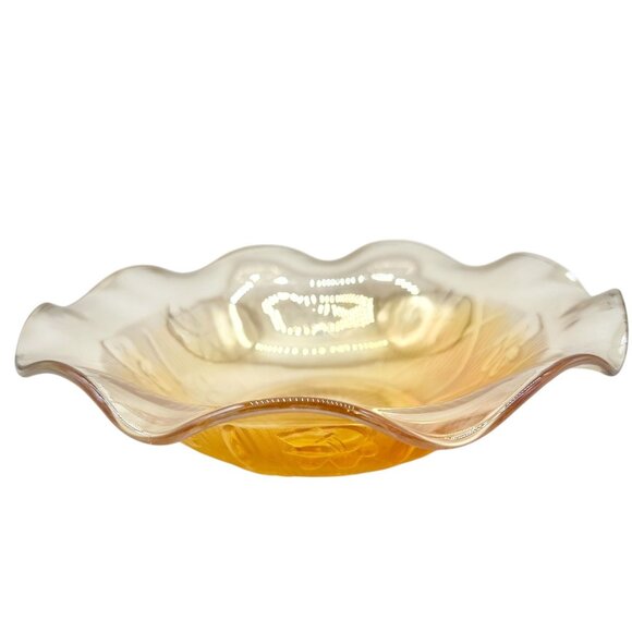 Jeannette Iris & Herringbone Marigold Bowl 9.5 inch Carnival Glass Wavy Edge - Picture 1 of 5